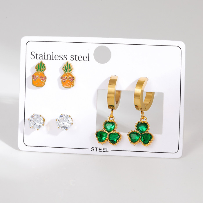 Stainless Steel Earring Set Flower Oil Drop Diamond Earrings Light Luxury High-end Four-leaf Clover Studs Titanium Steel Earrings for Women