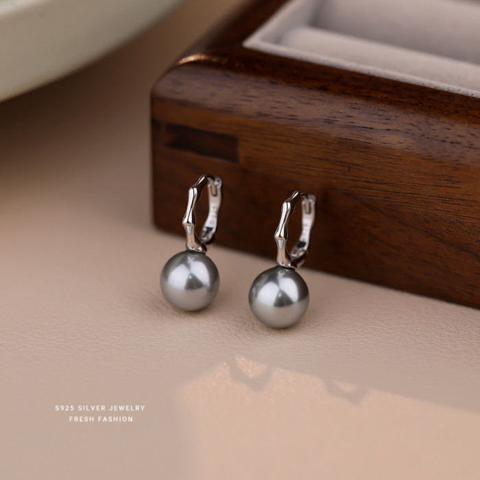 S925 Sterling Silver Bamboo Pearl Earrings for Women Korean Version INS Niche Design Fashionable Elegant Light Luxury Shijia Pearl Drop Earrings