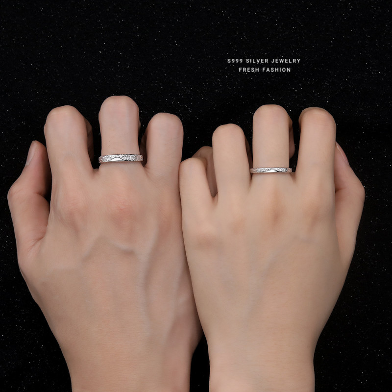 S999 Pure Silver Sweet Erosion Glacier Couple Rings Niche Design Sense Pure Silver Rings High-end Sense Simple Engraving Dropshipping