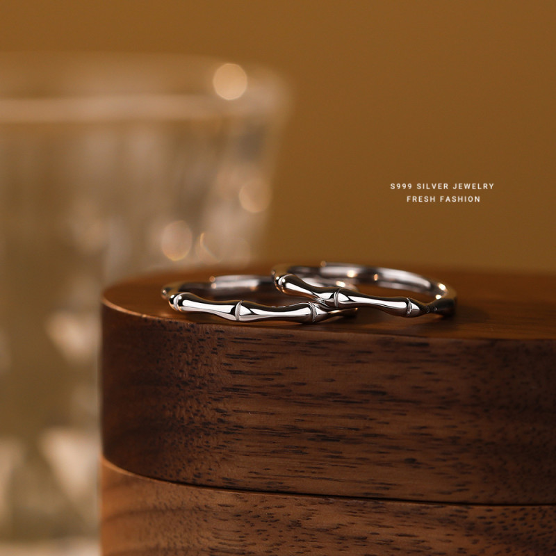 S999 Pure Silver Bamboo Joint Couple Rings Simple Niche Open Rings Creative Childhood Sweetheart Pure Silver Rings Wholesale