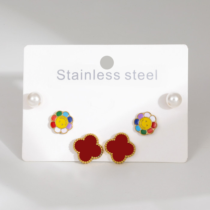 Stainless Steel Earring Set Four-Leaf Clover Oil Drop Butterfly Heart Diamond-Studded Earrings Light Luxury High-End Non-Fading Earrings