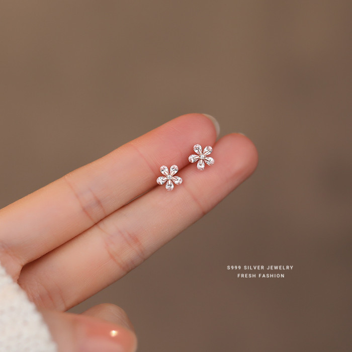S999 Pure Silver Small Flower Zircon Earrings for Women Simple Cute Fresh Forest Style Sweet Temperament Wholesale