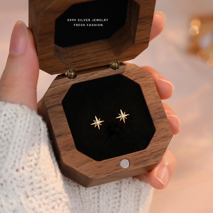 S999 Pure Silver Zircon Eight-Pointed Star Earrings for Women, Light Luxury, High-End, Versatile, Elegant, Niche, Unique, Geometric, Symmetrical Ear Jewelry