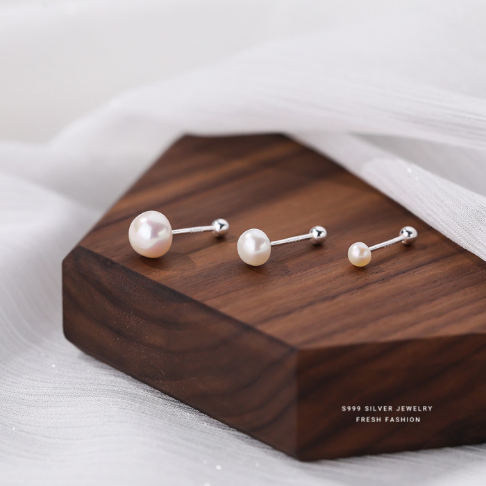 S999 Pure Silver Natural Pearl Earrings for Women Minimalist Luxury Design Versatile Elegant No-Picking Ear Piercing Earrings Wholesale