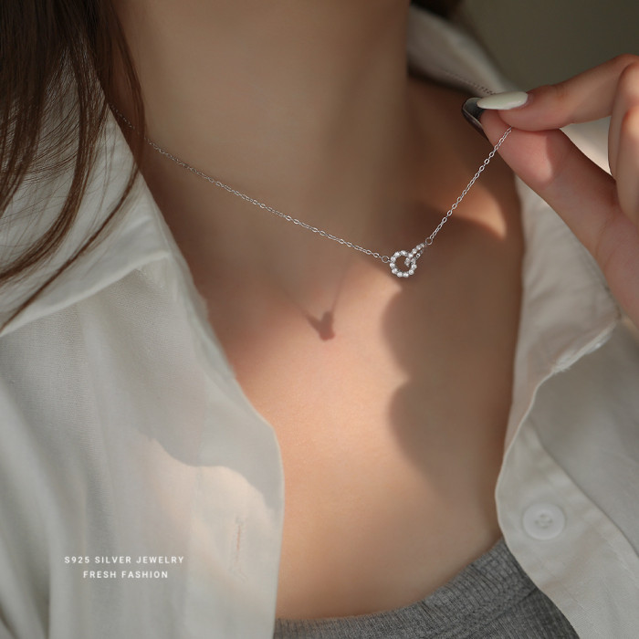 Light Luxury Interlocking Super Shiny Zircon Necklace for Women S925 Sterling Silver Versatile High-end Double Ring C...