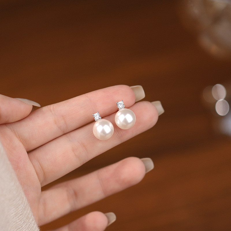 French Retro Shijia Pearl Zircon Earrings for Women S925 Sterling Silver Fashion Versatile Elegant High-end Earrings Wholesale