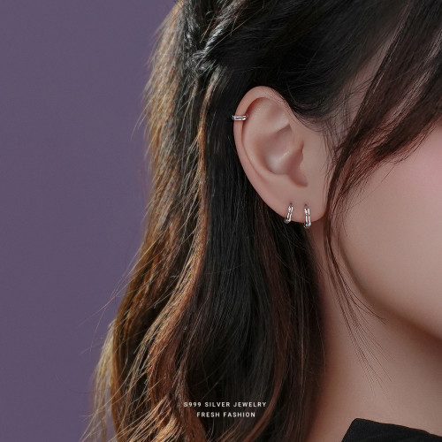 S999 Pure Silver Earrings for Women Simple Versatile Hoop Earrings Hollow Zircon Inlaid Plain Hoop Earrings Sterling Silver Jewelry Wholesale