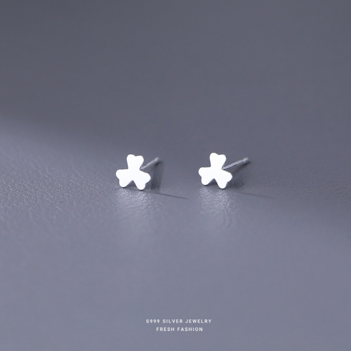 S999 Pure Silver Earrings for Women Simple Four-Leaf Clover Pure Silver Small Ear Bone Studs Ear Piercing Care Earrings Wholesale