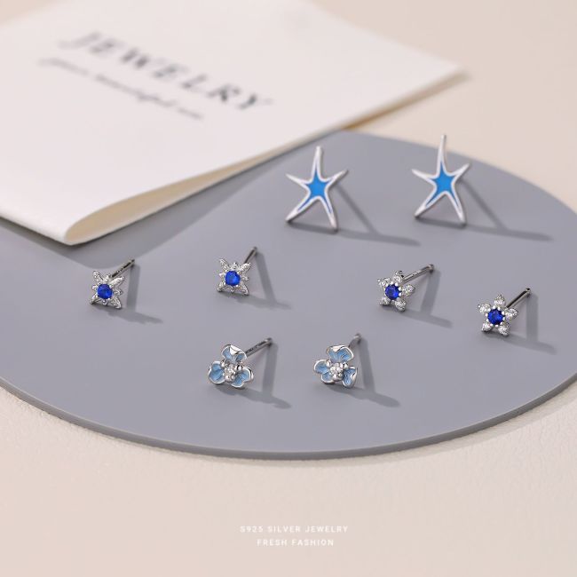 Blue Series Fresh Iris Flower Earrings for Women S999 Sterling Silver Korean Fashion Zircon Star Earrings Eight-Pointed Star