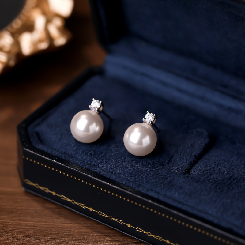 French Retro Shijia Pearl Zircon Earrings for Women S925 Sterling Silver Fashion Versatile Elegant High-end Earrings Wholesale