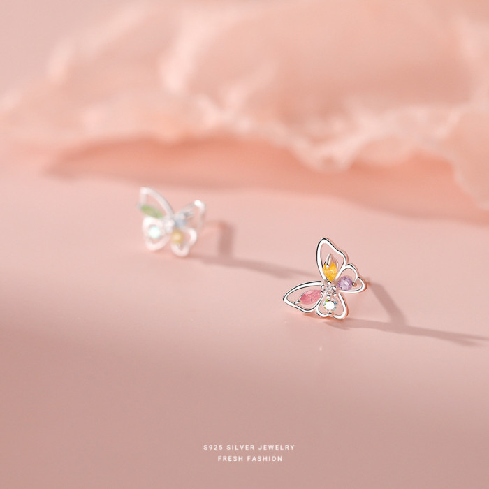 925 Sterling Silver Sparkling Colorful Diamond Butterfly Earrings for Women Sweet Ins Cute Small Mini Gemstone Earrings Wholesale