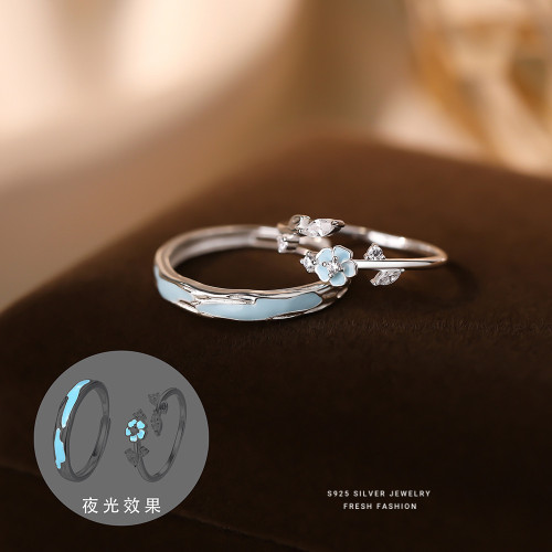 Heartbeat Peach Blossom S925 Sterling Silver Luminous Resin Couple Rings Niche Design Fashion Valentine's Day Gift Hot Item