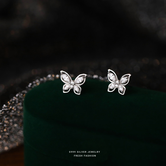 S999 Pure Silver Zircon Butterfly Earrings for Women, Beautiful Sweet Niche Light Luxury High-end Design Cute Elegant Earrings