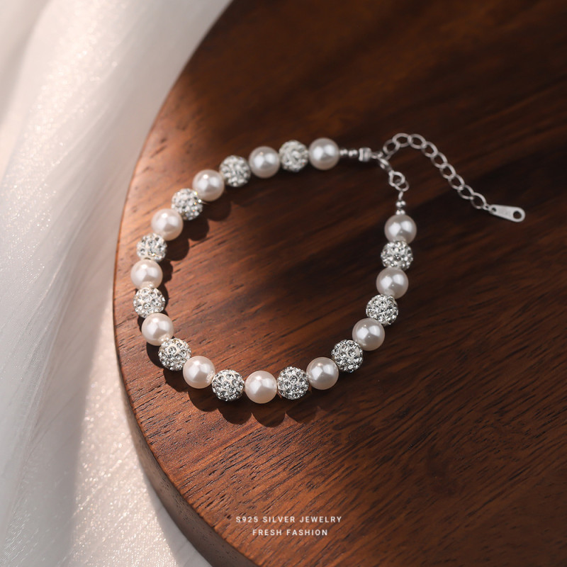 S925 Sterling Silver French Light Luxury Zircon Pearl Bracelet for Women Exquisite Starry Sky Elegant High-end Bracelet Shijia Pearl