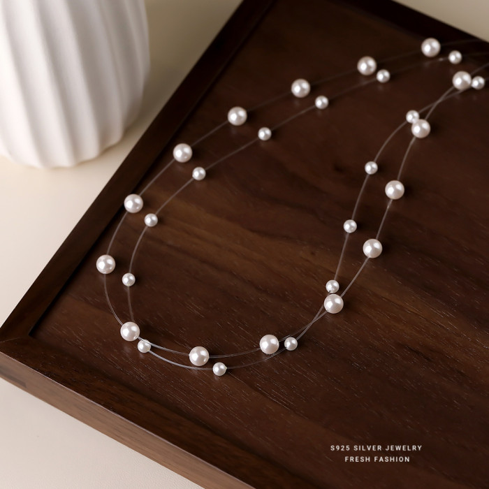 Celebrity Style Double Layer Fish Line Pearl Necklace for Women, Ins Style Layering French Light Luxury Shijia Pearl Collarbone Chain Wholesale