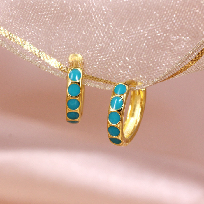 S925 Sterling Silver Hoop Imitation Enamel Oil Drop Turquoise Color Earrings Minimalist Style Round Versatile Ear Cli...