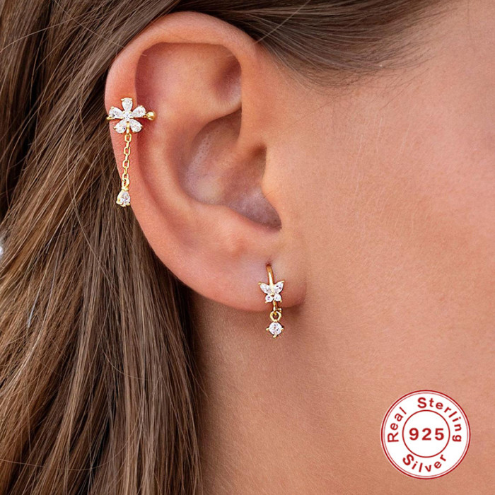 S925 Sterling Silver Super Fairy Butterfly Stone-Inlaid Hoop Earrings Ear Clips Earrings Hot-Selling Trendy Accesso...