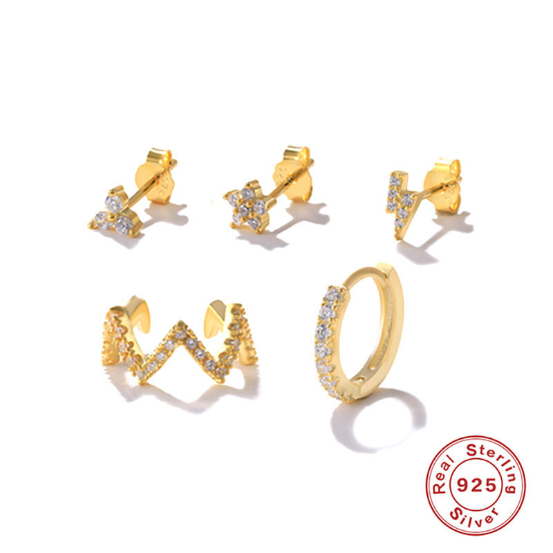 S925 Sterling Silver Triangle Geometric Diamond Stud Earrings Clip-on Earrings Set European and American Hot Selling Cross-border Trendy Earrings