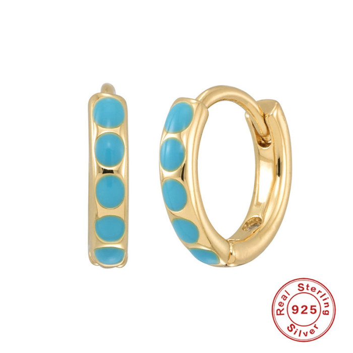 S925 Sterling Silver Hoop Imitation Enamel Oil Drop Turquoise Color Earrings Minimalist Style Round Versatile Ear Cli...