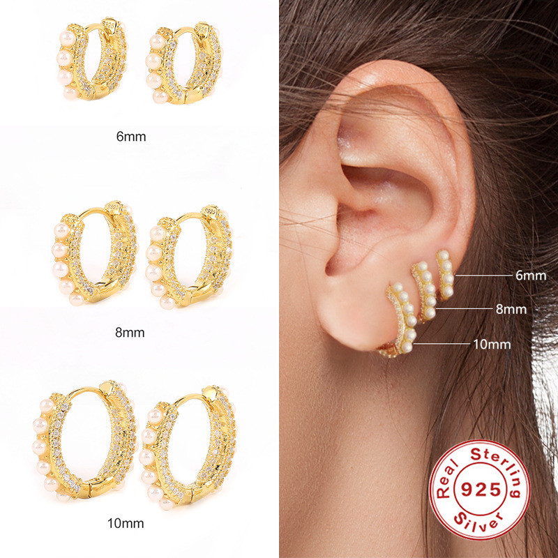 European and American Hot-Selling S925 Sterling Silver Pearl Inlaid Diamond Light Luxury Trendy Hoop Earrings Ear Clips Earrings Japanese and Korean Personality INS Ear Jewelry