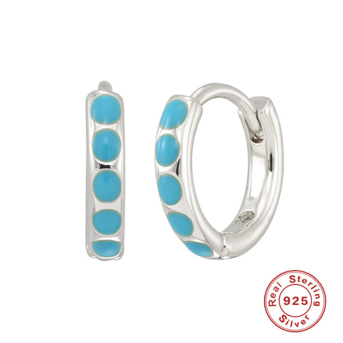 S925 Sterling Silver Hoop Imitation Enamel Oil Drop Turquoise Color Earrings Minimalist Style Round Versatile Ear Cli...