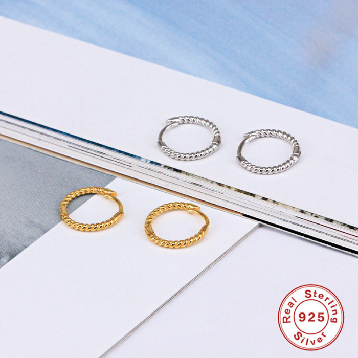 S925 Sterling Silver Twisted Small Hoop Earrings Creative Simple Personality Braided Trendy Circle Gold Plated Stud E...
