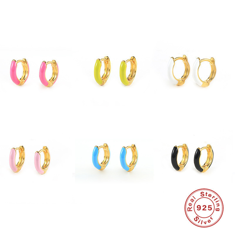 S925 Sterling Silver Earrings Colorful Oil Drop Ear Clips Fashionable Simple Versatile Women's Hoop Earrings