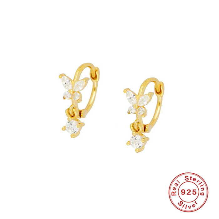 S925 Sterling Silver Super Fairy Butterfly Stone-Inlaid Hoop Earrings Ear Clips Earrings Hot-Selling Trendy Accesso...