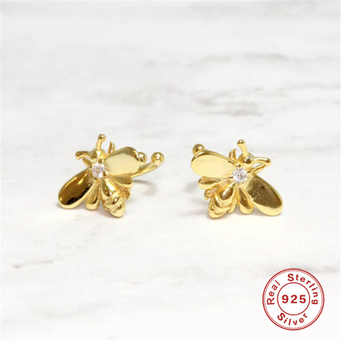 S925 Sterling Silver Stone-Studded Fun Little Bee Earrings Ear Clips Ear Cuffs Hot-Selling Personality Trendy INS E...