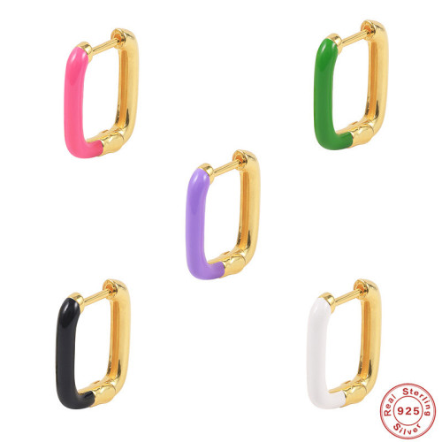 S925 Sterling Silver Oil Drop Enamel Single Earring Geometric U-shaped Hoop Earrings European and American Trendy Personality Simple Earrings
