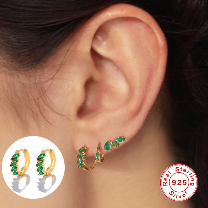 S925 Sterling Silver Light Luxury Green Gemstone Stone-Inlaid Exquisite Hoop Earrings Ear Clips Earrings Hot-Sellin...