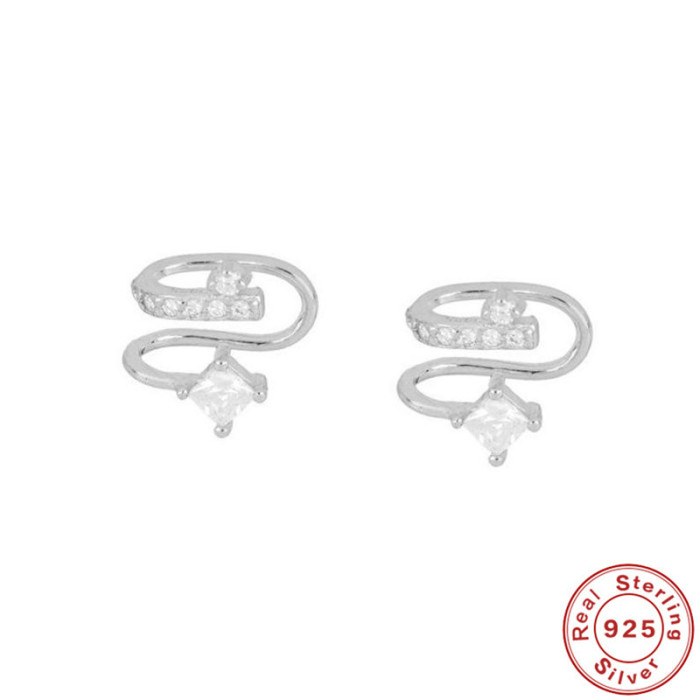 S925 Sterling Silver Non-Pierced High-End Stone-Encrusted Geometric Ear Clip Earrings Hot-Selling INS Style Persona...