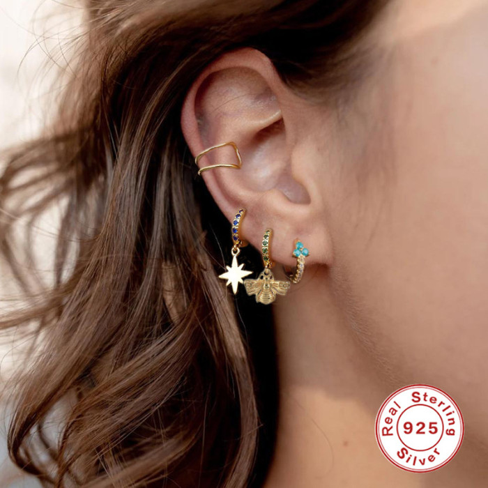 S925 Sterling Silver INS Stone-Inlaid Geometric Light Luxury Elegant Hoop Earrings Bestselling Fashion Trendy Earrings