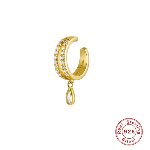 S925 Sterling Silver Double Row Diamond-Studded Ear Clips Ear Cuffs Earrings TikTok Same Style Water Drop Zircon Exquisite Office Wear Earrings
