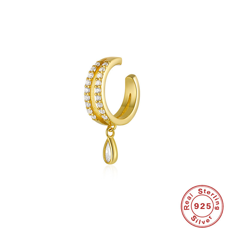 S925 Sterling Silver Double Row Diamond-Studded Ear Clips Ear Cuffs Earrings TikTok Same Style Water Drop Zircon Exquisite Office Wear Earrings