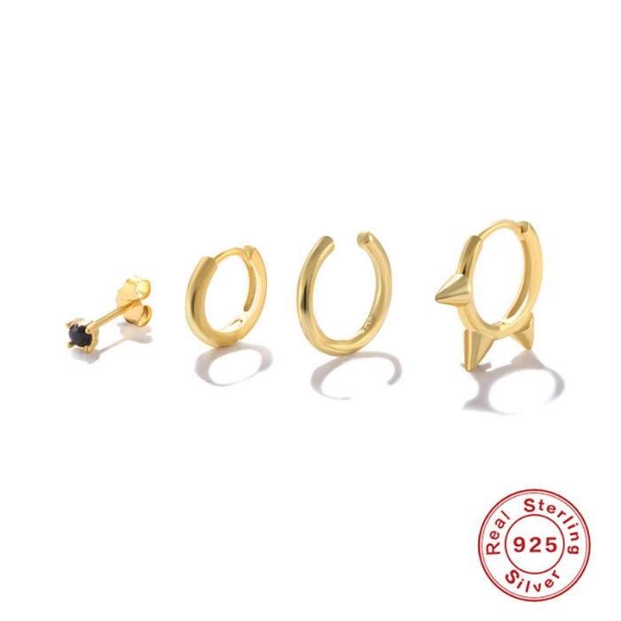 S925 Sterling Silver INS Personality Punk Style Earrings Ear Studs Ear Clips Set Hot Selling Rivet Hoop Trendy Earrin...