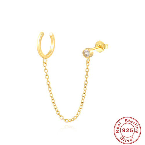 S925 Sterling Silver Minimalist Smooth Surface Non-Pierced Ear Clips Tassel Single Diamond Stud Earrings Chain Earrings European and American Hot Selling INS Earrings
