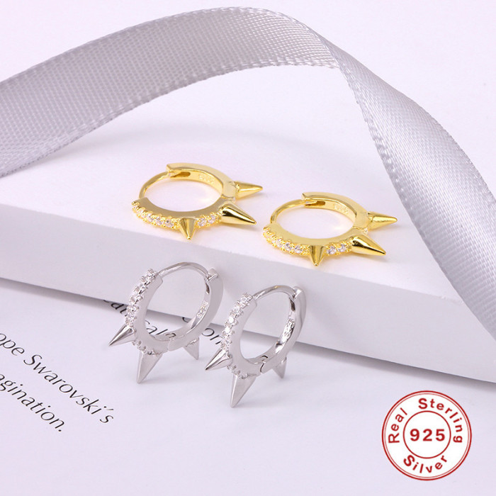 Hot Selling S925 Sterling Silver Earrings Fashion Punk Style Geometric Stone-Studded Trendy Earrings Hoops Ear Jewelry