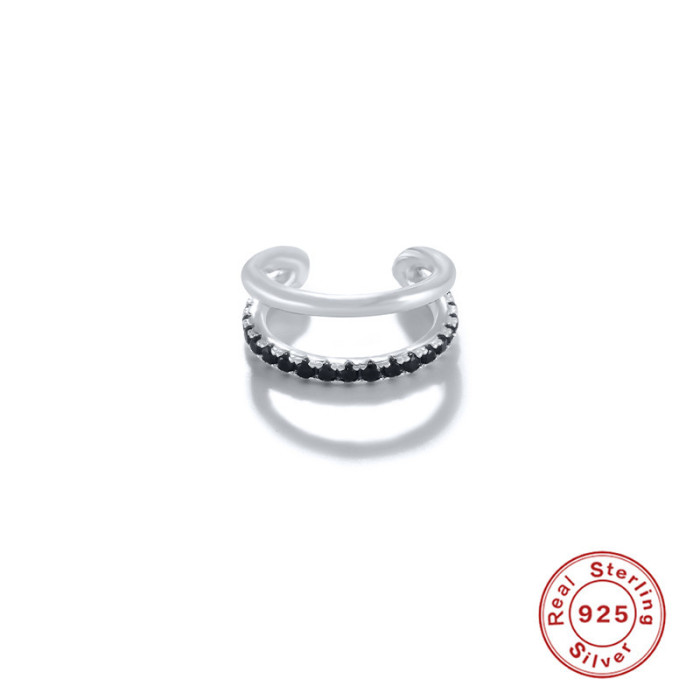 S925 Sterling Silver Classic Double Layer Line Stone-Studded Ear Cuff Ear Clip Ear Hoop Style Personality INS Black...