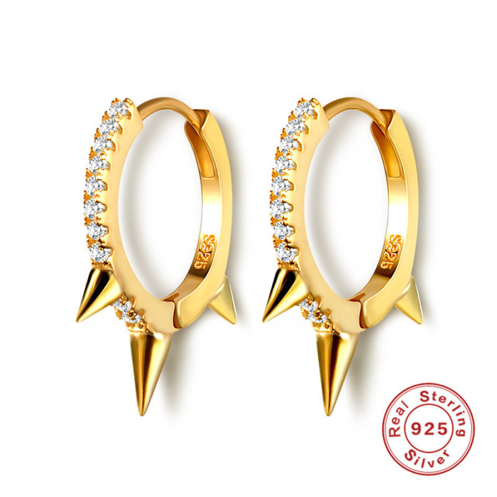 Hot Selling S925 Sterling Silver Earrings Fashion Punk Style Geometric Stone-Studded Trendy Earrings Hoops Ear Jewelry