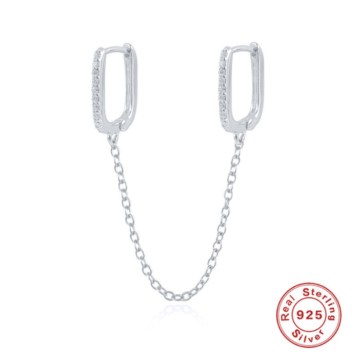 S925 Sterling Silver U-Shaped Stone-Studded Tassel Chain Earrings Hoop Earrings Hot-Selling Trendy Personality Simp...