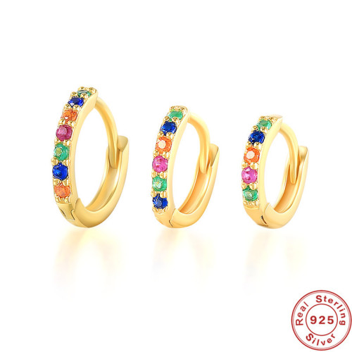 New Hot-Selling S925 Sterling Silver Round Colored Diamond Ear Cuff Earrings European and American Cross-Border Fashion Trend Hoop Earrings Stud Jewelry