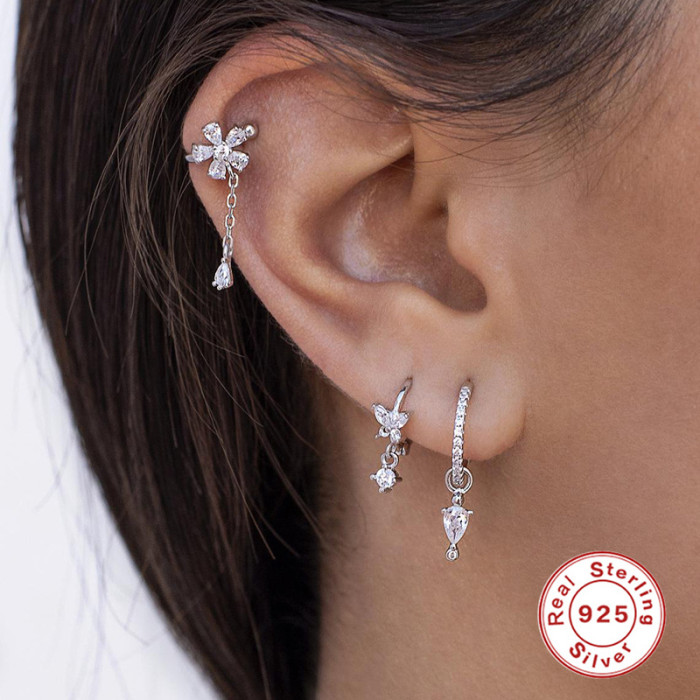 S925 Sterling Silver Super Fairy Butterfly Stone-Inlaid Hoop Earrings Ear Clips Earrings Hot-Selling Trendy Accesso...