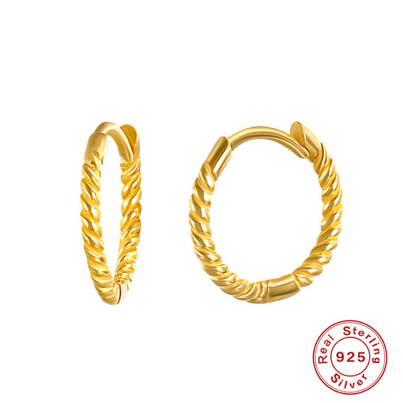 S925 Sterling Silver Twisted Small Hoop Earrings Creative Simple Personality Braided Trendy Circle Gold-Plated Stud Earrings Ear Clips