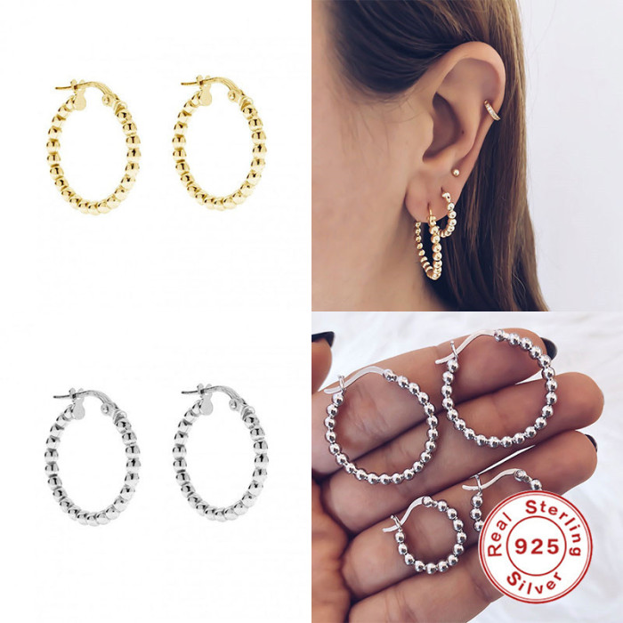 S925 Sterling Silver Round Bead Earrings Hoop Earrings Korean and Japanese Style Personality INS Exaggerated Office W...