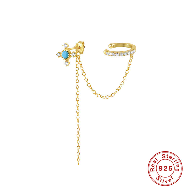 S925 Sterling Silver Ear Clip and Stud Earrings Integrated Asymmetric Exquisite Earrings European and American Cross-Border INS Diamond-Studded Elegant Ear Jewelry