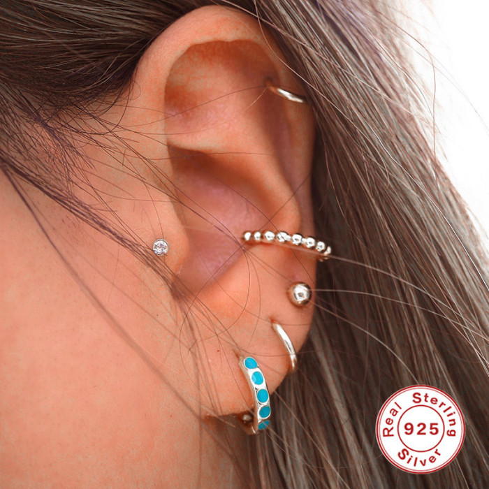 S925 Sterling Silver Hoop Imitation Enamel Oil Drop Turquoise Color Earrings Minimalist Style Round Versatile Ear Cli...