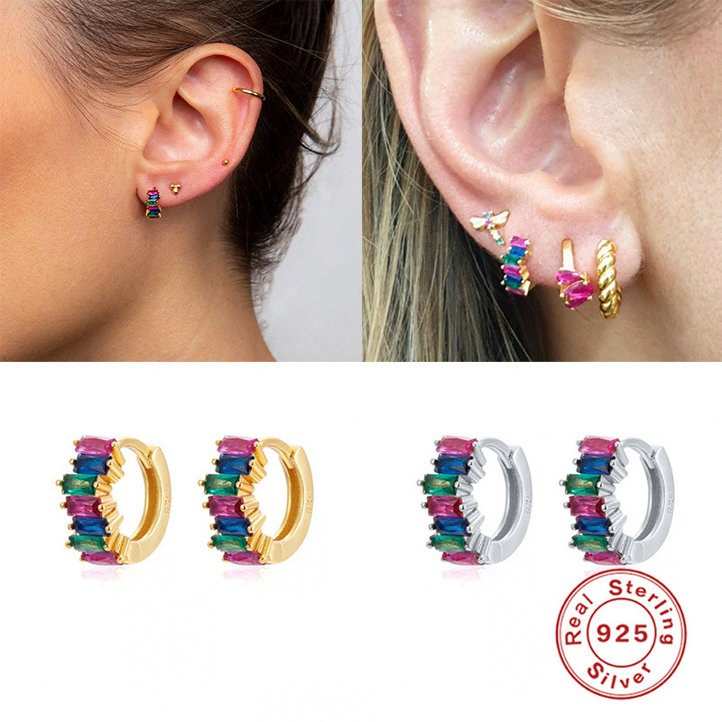 S925 Sterling Silver Colorful French Bread Zircon Hoop Earrings European and American Cross-Border Hot-Selling Fashion Trendy Colorful Diamond Earrings