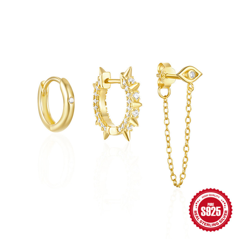 S925 Sterling Silver Classic Evil Eye Versatile Earrings Set European and American INS Style High-end Full Diamond Hoop Earrings