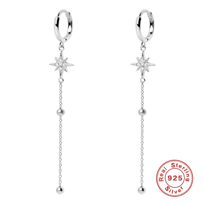 S925 Sterling Silver Fashion Tassel Star Earrings Hoop Long Earrings for Women Street Style Trendy Diamond-Studded Ear Clips Accessories